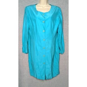 Vintage 80's Silk Dress Size 12 Turquoise Lg Sleeve Button Up Wedding Guest Chic